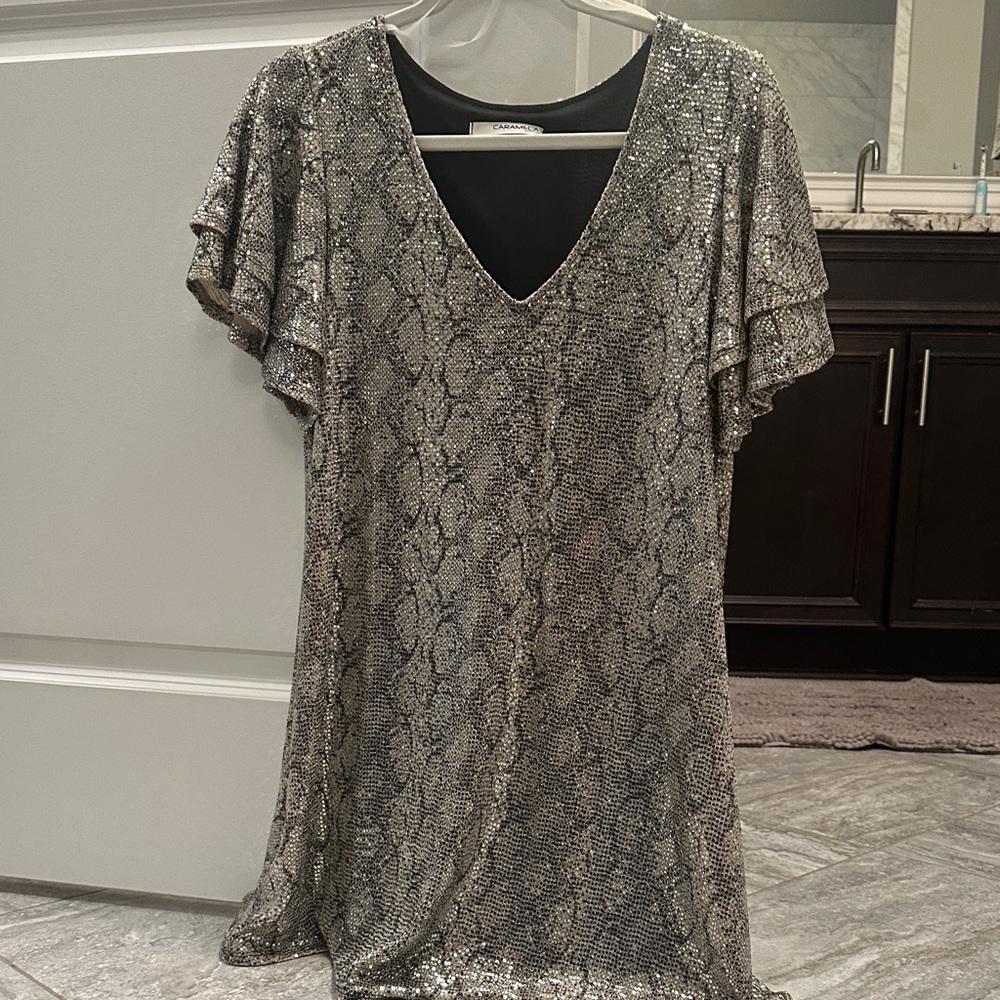 Silver Snake Print V-Neck Dress- from Red Dress- Small